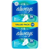 Always Ultra Day Normal Size 1 Wings Pads Σερβιέτες Κανονικού Μεγέθους με Άρωμα για Εξουδετέρωση Οσμών για Άνεση & Προστασία Όλη τη Μέρα 20 Τεμάχια