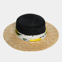 Black & beige straw hat with ribbon Εμπριμέ μαύρο Interhat