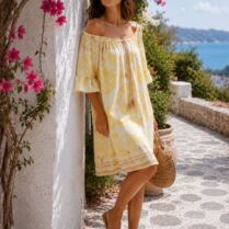 Boho Mini Φόρεμα Με Έξω Ώμους & Ethnic Print - Κίτρινο | Dress Up Κίτρινο Dress Up
