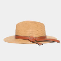 Brown Straw Panama with Camel Leather Belt Καφέ Interhat