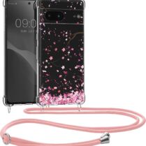 KWmobile Διάφανη Θήκη Σιλικόνης με Λουράκι Λαιμού - Google Pixel 7 - Cherry Blossoms Pink Petals / Dark Brown / Transparent (60206.02)