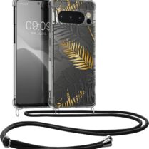 KWmobile Διάφανη Θήκη Σιλικόνης με Λουράκι Λαιμού - Google Pixel 8 Pro - Palm Leaves / Yellow / Grey / Transparent (61866.01)