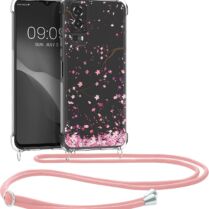 KWmobile Διάφανη Θήκη Σιλικόνης με Λουράκι Λαιμού - Vivo Y72 5G - Cherry Blossoms Pink Petals / Dark Brown / Transparent (59898.01)