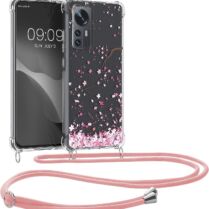 KWmobile Διάφανη Θήκη Σιλικόνης με Λουράκι Λαιμού - Xiaomi 12 / 12X - Cherry Blossoms / Cherry Petals / Pink / Dark Brown / Transparent (58199.01)