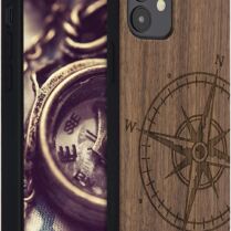 KWmobile Σκληρή Ξύλινη Θήκη με TPU Bumper Apple iPhone 12 mini - Navigational Compass / Dark Brown (52733.01)