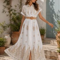 Maxi Καφτάνι Φόρεμα με Κέντημα & Ζώνη - Άσπρο | Dress Up Άσπρο Dress Up