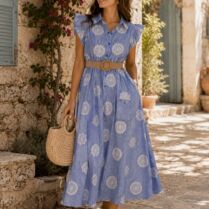 Midi Ριγέ Φόρεμα με Κέντημα & Ζώνη – Μπλε | Dress Up Μπλε Dress Up