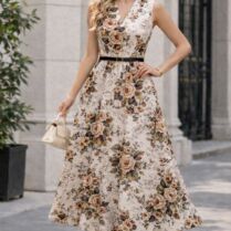 Midi Φόρεμα Εμπριμέ Με Λουλούδια & Ζώνη | Dress Up Άσπρο Dress Up