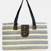 Striped Beach Bag w/ Leatherette Details Γκρι ρίγα Interhat
