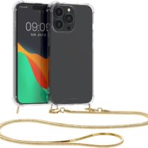 Θήκη Apple iPhone 15 Pro Max - KWmobile Διάφανη Σιλικόνης με Μεταλλικό Λουράκι Λαιμού - Transparent / Gold (62032.21)