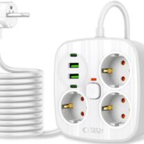 Πολύπριζο Tech-Protect PCS3X4 Power Strip με 3 x Υποδοχές AC 250V με Διακόπτη & Καλώδιο 200cm 2 x USB-A / 2 x Type-C 2.1A - White (5906302363421)